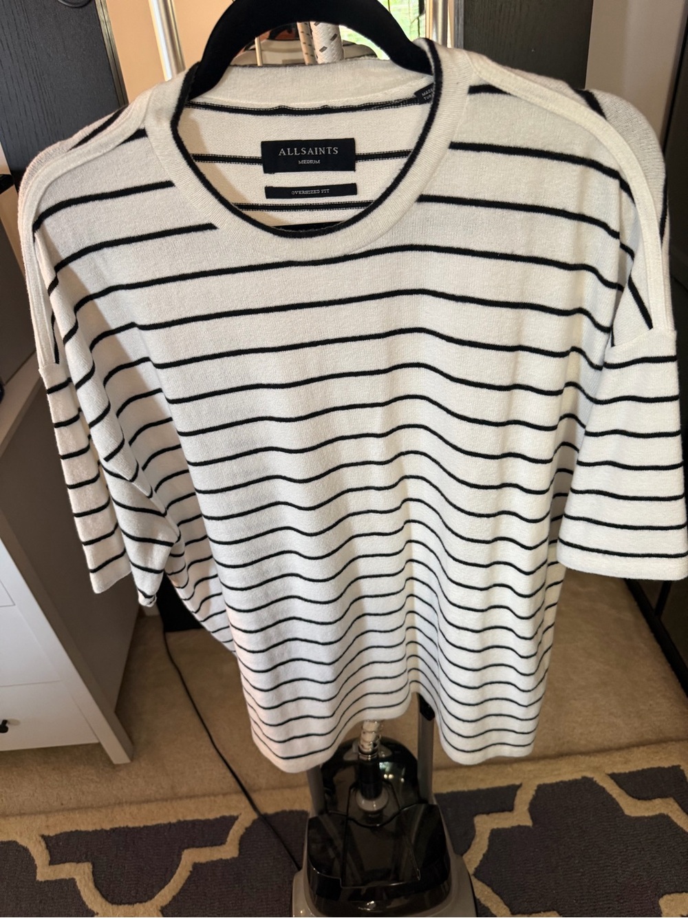 AllSaints Black and White Striped Oversized Crewneck sz M but fits like large.